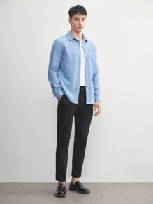 AKNOTIC Business Casual Easy Care Men's Woven Casual Navy Blue Solid Slim Fit Shirt With Straight Shoulders, Long Sleeves, Suitable For Spring And Summer