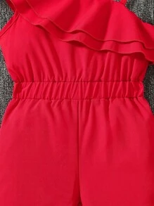 SHEIN Mono de verano de color liso para niña joven con tirantes y volantes - Rojo - Ver 3