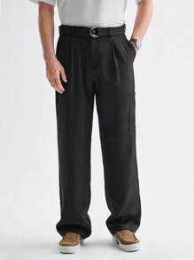 Manfinity VCAY Men's Woven Casual Solid Color Pleated Straight Pants - Black - View 1