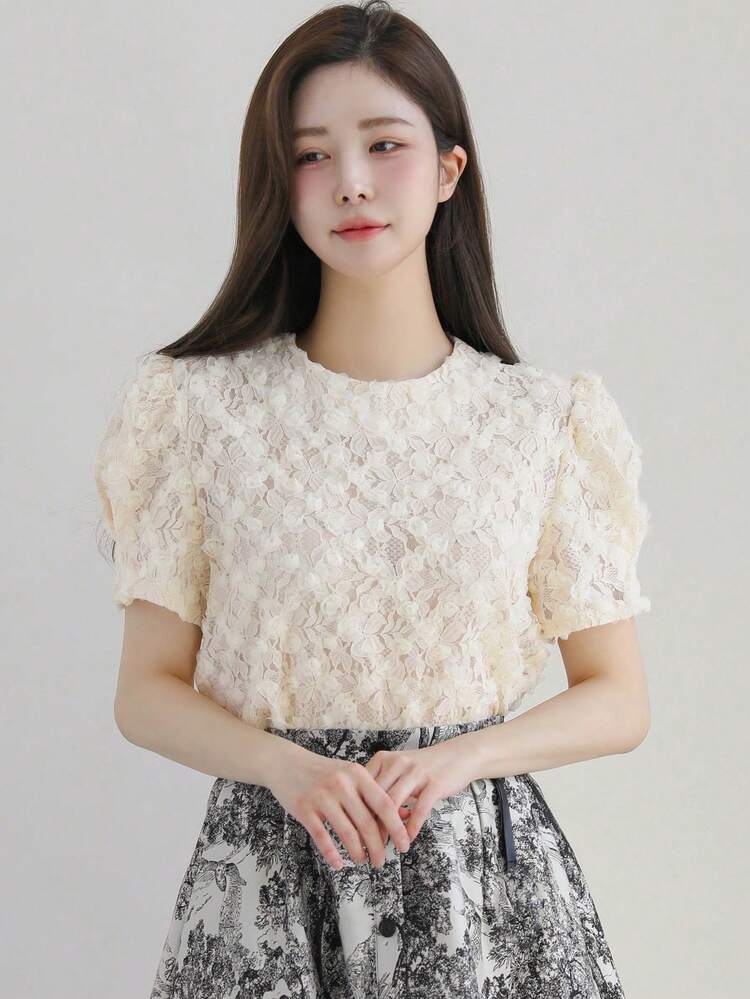 Women's Elegant Solid Color Floral Lace Puff Sleeve Blouse, Summer
