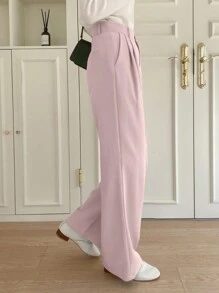 DAZY Calça de Terno Reta Plissada de Cor Sólida Casual, Calça Feminina de Vestir Roupa de Escritório