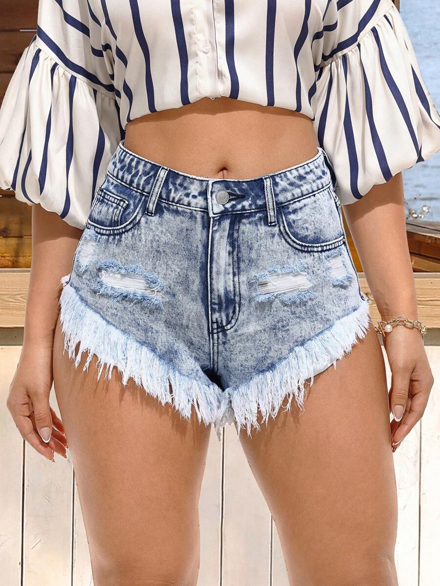 Breezaya 女性復古磨損丹寧短褲，破損褶邊和口袋設計 - 淺色水洗藍 - 查看 1