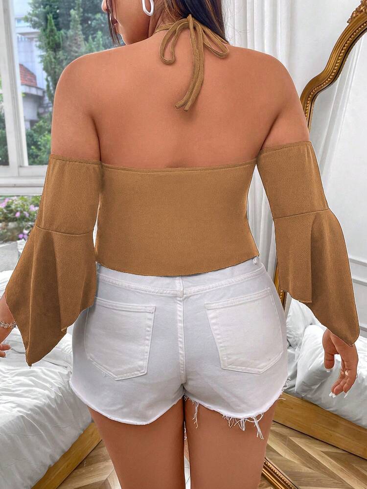 Plus Size Women's Summer Solid Color Pleated Off Shoulder Flared Sleeve Hang Neck T-Shirt