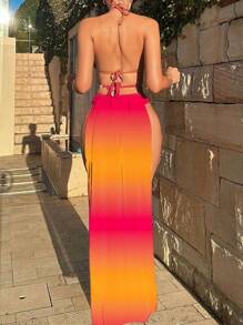 Swim SXY Women's Summer Beach Gradient Color Halter Tie Bikini Set With Printed Cover-Up Skirt, Random - Multicolor - View 2