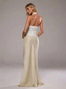 Aloruh Women's Elegant Simple Romantic Date Commuting To Work Fashionable And Versatile Solid Color Basic Satin Satin Apricot Low-Waisted Maxi Skirt - Khaki - View 3