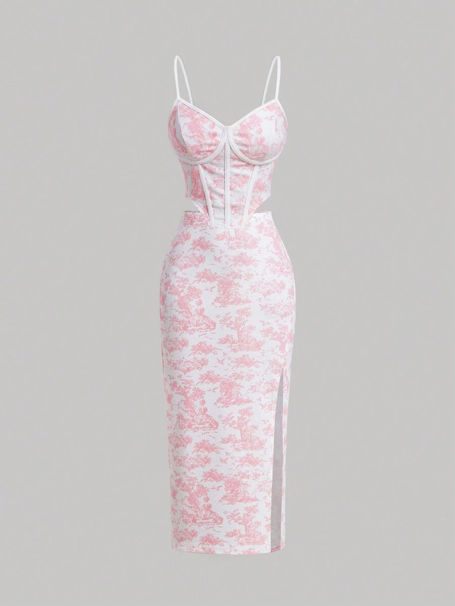 SHEIN MOD 女士复古宫廷蓝白花卉印花鱼骨条短款上衣和裙子婚礼两件套 - 粉色 - 查看 1