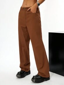 SHEIN EZwear Fashionable Street Style Straight Washed Cotton Trousers, Perfect For Spring And Summer Outfits - Brown - View 3