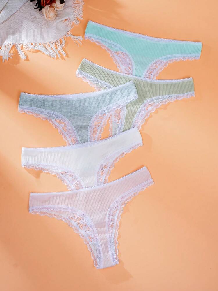 5pcs Solid Color Lace Trim Thongs