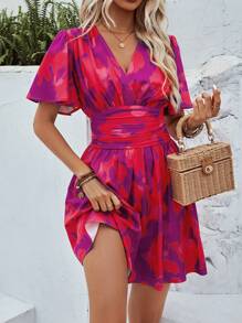 SHEIN LUNE Robe courte d'été pour femme avec col en v superposé à volants et manches courtes à imprimé tie-dye