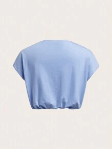 SHEIN EZwear Women's Summer Loose Fit Batwing Crop Sleeve Crop Top, V-Neck Tee With Letter Print - Blue - View 2