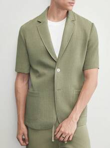 AKNOTIC Business Casual 易護理男士編織商務休閒聚酯氨彈力斜紋布實色西裝外套，配有凸起翻領和短袖，適用於夏季 - 綠色 - 查看 6