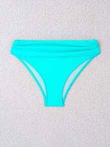 SHEIN Swim 夏季海滩纯色褶皱比基尼泳裤，度假泳装 - 藍色 - 查看 5