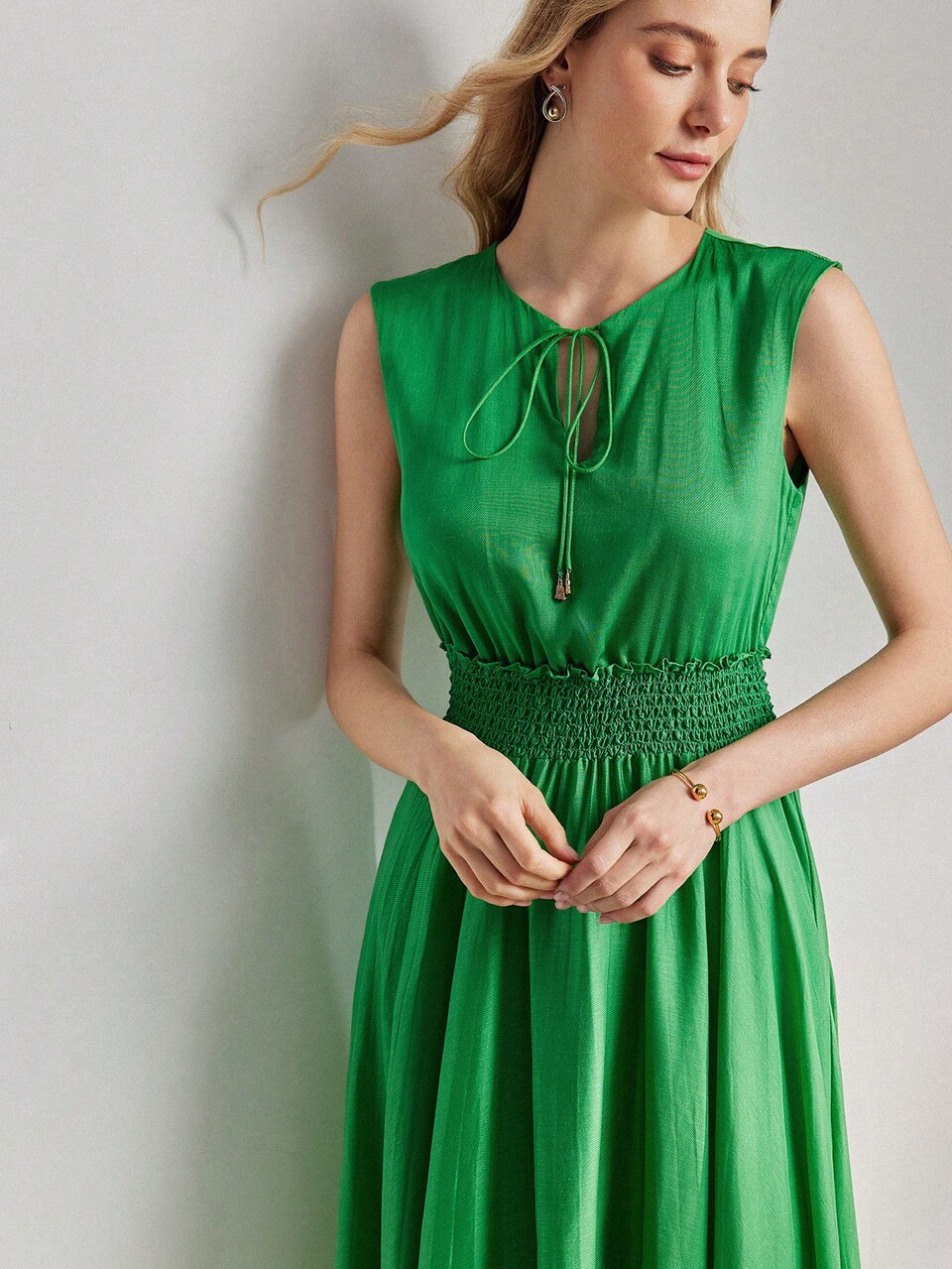 LINEN SOLID TIE NECK SHIRRED WAIST PLEATED HEM DRESS