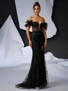 Glamrae Elegant, Luxurious Black Off Shoulder Faux Feather Decor High Slit Maxi Dress, Suitable For Dates, Singles Party, Graduation, Wedding, Versatile, Wedding Guest Dress Formal Dress Evening Dress,Gown