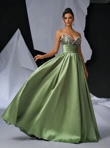 Glamrae Elegant Handmade Beaded Satin Pleated A-Line Dress With Draping And Train,Luxurious Wedding Guest Prom Gown For Formal Events,Evening Graduation - Dark Green - View 6