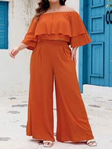 Co-Ords Ukuran Plus Asimetris Ruffle Tiered Layer Plain Casual - Jeruk - View 1