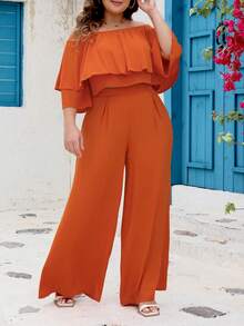Co-Ords Ukuran Plus Asimetris Ruffle Tiered Layer Plain Casual - Jeruk - View 6
