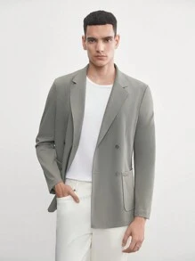 Manfinity VCAY UPF 男士复古风格梭织商务休闲修身双排扣口袋西装外套，适合秋冬