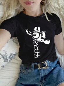 SHEIN LUNE Áo thun nữ cổ tròn ngắn tay mùa hè có in hình hươu cao cổ - màu đen - Xem 1