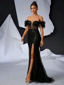 Glamrae Elegant, Luxurious Black Off Shoulder Faux Feather Decor High Slit Maxi Dress, Suitable For Dates, Singles Party, Graduation, Wedding, Versatile, Wedding Guest Dress Formal Dress Evening Dress,Gown