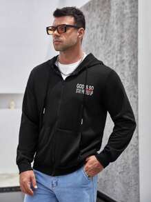 Manfinity Homme Men's Plus Size Drawstring Hoodie With Letter Print And Zipper, Long Sleeve - Black - View 1