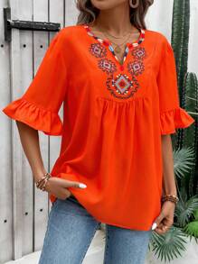 SHEIN LUNE Women's Summer Holiday Geometric Print Notch V-Neck Bell Sleeve Loose Blouse - Orange - View 5