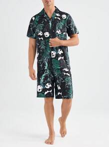 男士卡通熊貓印花前扣短袖上衣和短褲，夏季家居套裝 - 黑色 - 查看 3