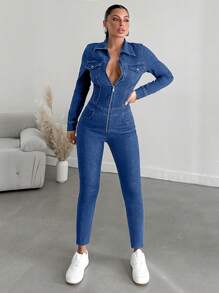 RueChic Zip Up Flap Pocket Denim Jumpsuit - Blue - View 1
