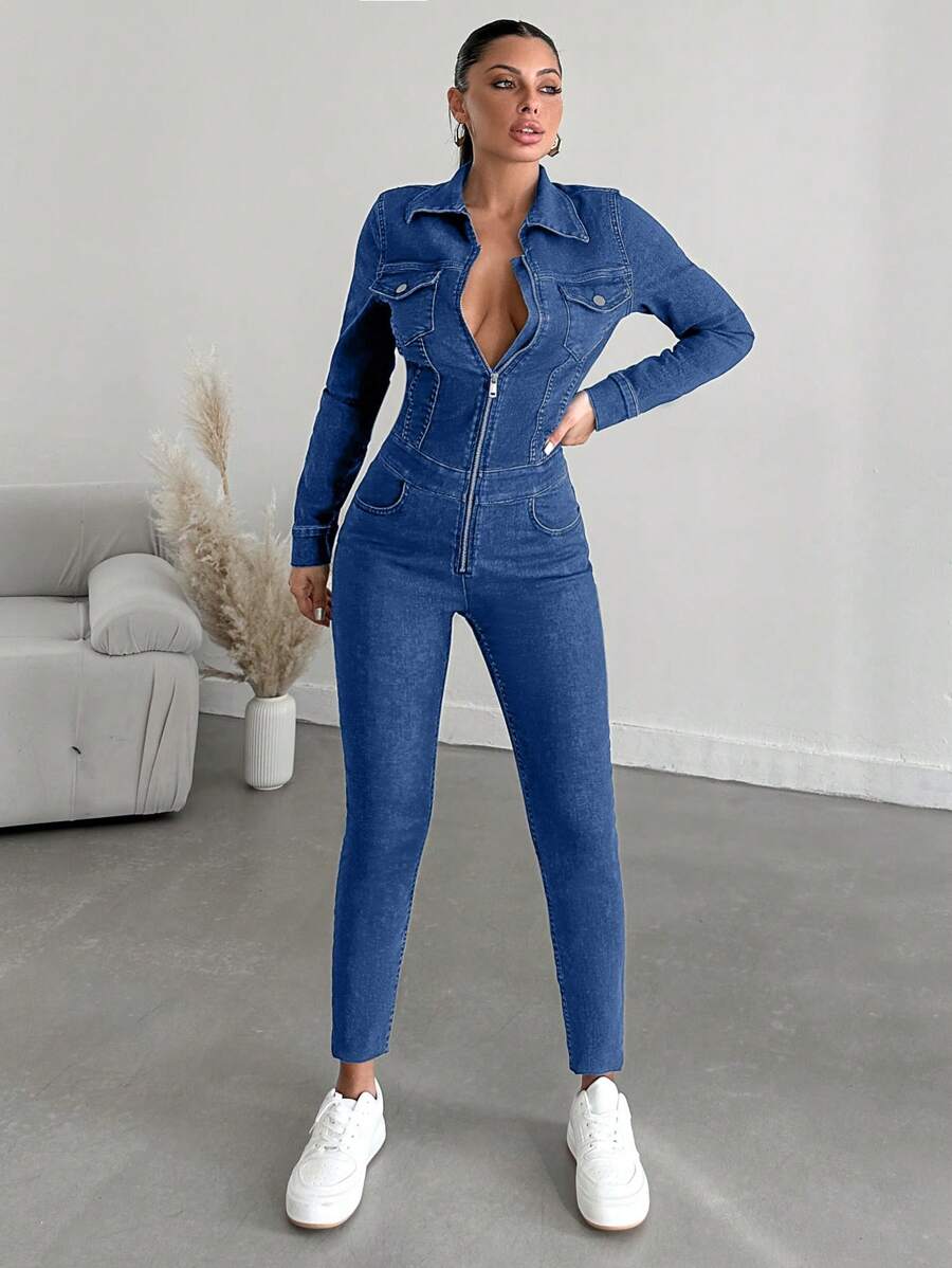 RueChic Zip Up Flap Pocket Denim Jumpsuit - Blue - View 1