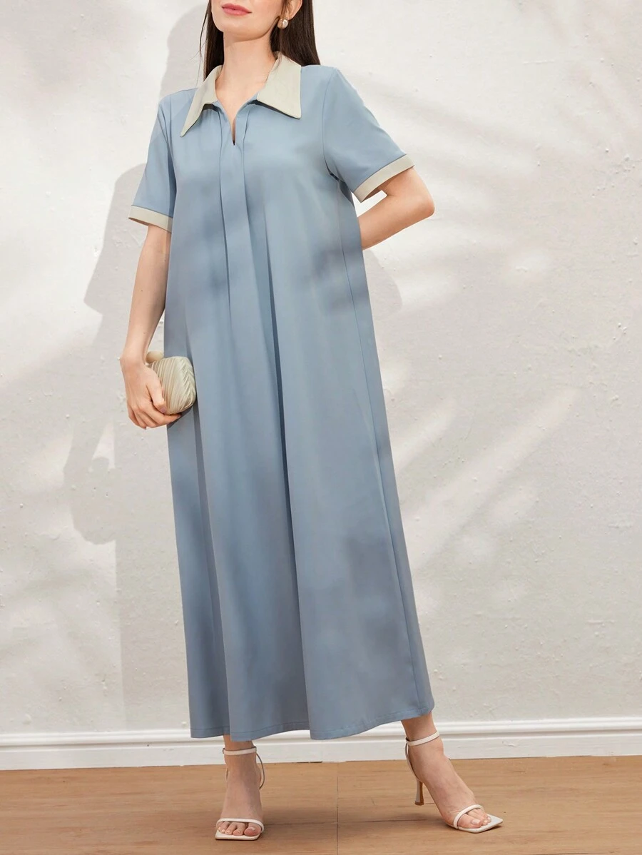 Al Najma 女裝時尚拼色短袖阿拉伯風格連衣裙 - 藍色 - 查看 1