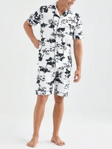 Men's Allover Print Button-Up Short Sleeve Top And Shorts Set, Summer Pajamas - Multicolor - View 5