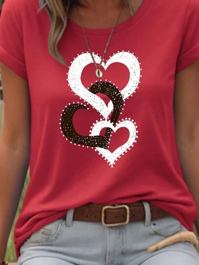 EMERY ROSE Camiseta casual de manga corta con cuello redondo y estampado de corazones para mujer, para el verano y el Año Nuevo, blusas gráficas para mujeres