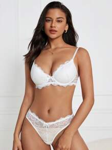 Floral Lace Underwire Lingerie Set, Bra & Panty Set - White - View 1