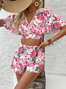 Breezaya 女士露背蝴蝶結上衣，配鈴形袖子和彈性腰花短褲套裝，適用於度假和日常穿著，夏季 - 彩色 - 查看 5