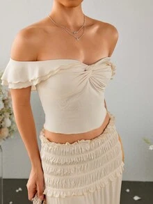 PARTHEA Off Shoulder Ruched Twist Fron Crop Top & Low Waist Ruffles Skirt Set - Apricot - View 3