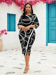 SHEIN Lady Vestido ajustado blanco elegante de talla grande para mujer - Blanco y Negro - Ver 1