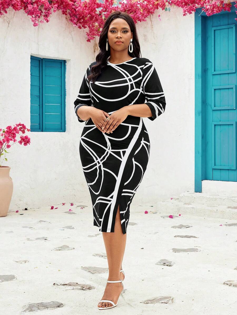 SHEIN Lady Vestido ajustado blanco elegante de talla grande para mujer - Blanco y Negro - Ver 1