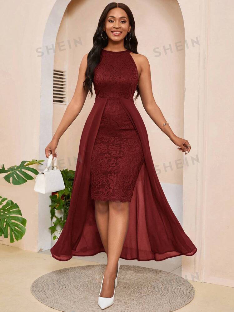 SHEIN Lady Solid Color Lace Patchwork Wedding Guest Dress SHEIN USA
