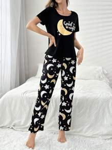 Star And Moon Print Short Sleeve And Long Pants Pajama Set - Black - View 3