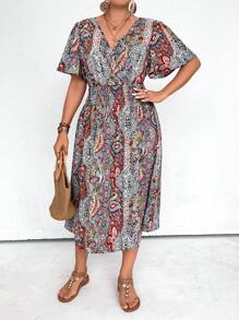 SHEIN LUNE Plus Size Retro Printed Tie-Back Summer Beach Dress