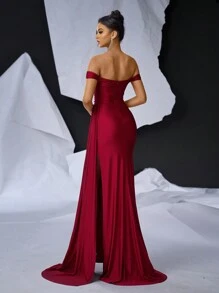 Glamrae Elegant, Gorgeous And Romantic Red Stretch Off Shoulder High Slit Fishtail Dress, Suitable For Formal Events, Bachelor Parties, Weddings And Festivals, Evening Dress, Wedding Guest Dress Party Dress,Gown