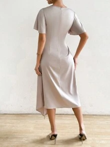 Chiquease Women's Summer Solid Color Round Neck Ruffled Short Sleeve Long Elegant Dress With 3D Flower Decoration - Apricot - View 2