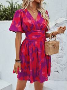 SHEIN LUNE Robe courte d'été pour femme avec col en v superposé à volants et manches courtes à imprimé tie-dye