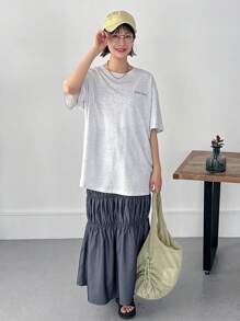 FRIFUL 女式夏季宽松字母花卉印花超大落肩圆领 T 恤，男女通用图案 T 恤 - 灰色 - 查看 2