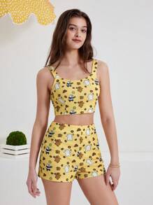 We Bare Bears X SHEIN Yellow Cartoon Bear Pattern Crop Cami Top & Shorts, 2pcs/Set, Summer Clothing