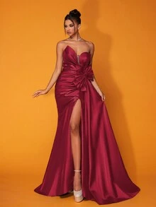 Smilprince Long Sexy Strapless Solid Color High Slit Ruched Elegant Evening Gown Dress (Heavy Embellished) - Burgundy - View 5