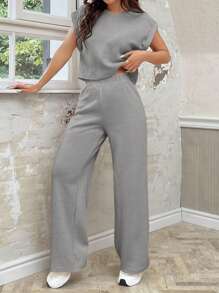 SHEIN EZwear Conjunto de blusa y pantalón de punto gris para mujer de cuello redondo y corte holgado - Gris Claro - Ver 5