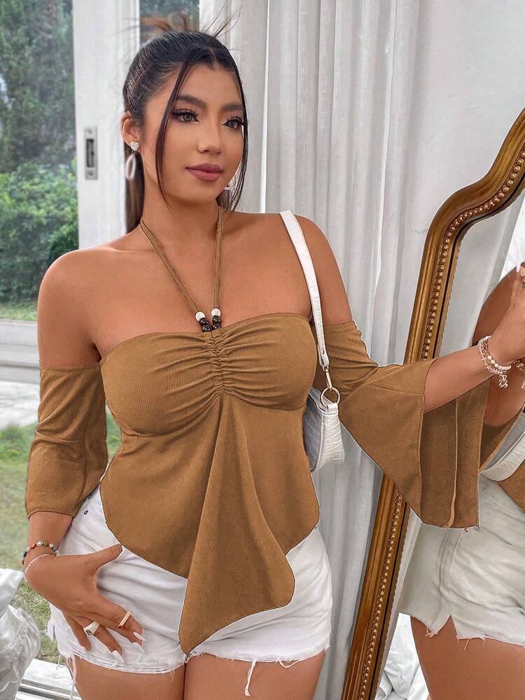 Plus Size Women's Summer Solid Color Pleated Off Shoulder Flared Sleeve Hang Neck T-Shirt
