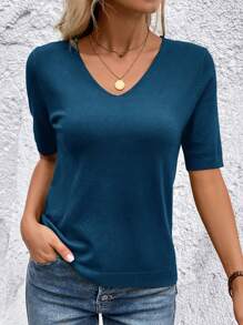 SHEIN Clasi 女士純色簡約款V領常規毛衣，適合日常穿著 - 水鴨藍 - 查看 3