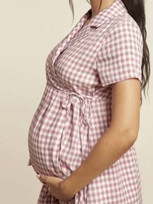SHEIN Maternity Home Wear Sailor Collar Short Sleeve Knee-Length Casual Woven Plaid Pregnancy Dress